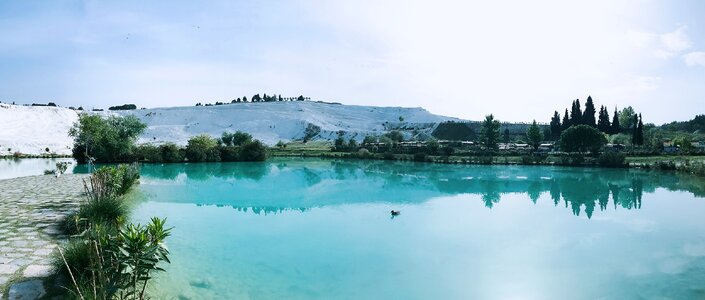 Early in the morning pamukkale at the foot of natural beauty