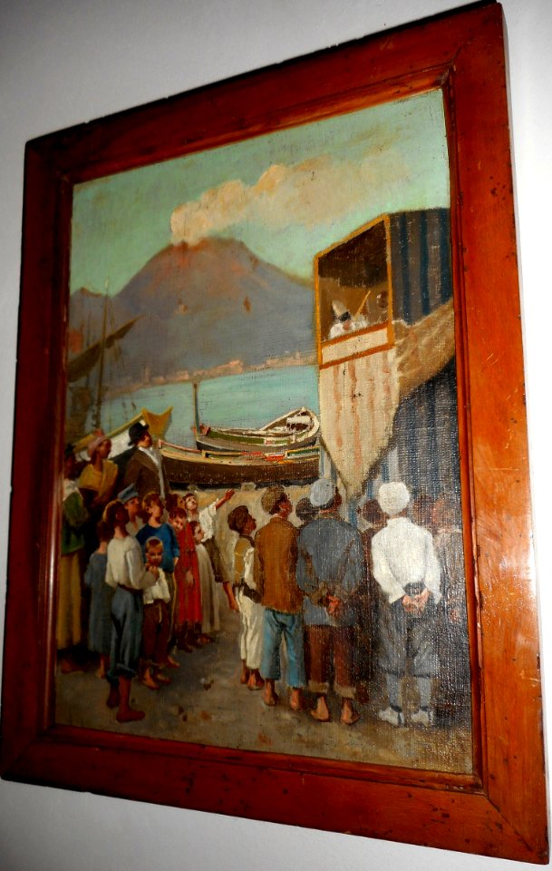 Puppets' theatre at Naples' harbour, with Vesuvius by unknown painter end 19th century - Carthusian monastery and museum of San Martino in Naples (41512307341)