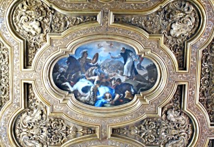 Saint Agnellus drives away the Saracens from Naples (1701; Vesuvius and Castel Nuovo in background) by Nicola Malinconico (Naples 1663-Naples 1726) - Ceiling of Donnalbina Church in Naples (22281733256)