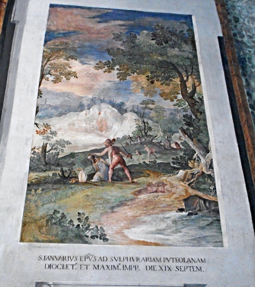 Saint January's martyrdom at volcan Solfatara at Pozzuoli - fresco by Tarquinio Ligustri and Andrea Commodi (after 1598-beginning 17th century) - San Vitale church in Rome (23705392892)