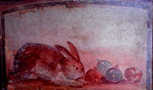 Rabbit and four figs (45-79 AD) painted plaster from Herculaneum, found year 1745 - Exhibition Herculaneum and Pompeii Vision of Discovery up to September 30, 2018 at the Archaeological Museum of Naples (44020188114)