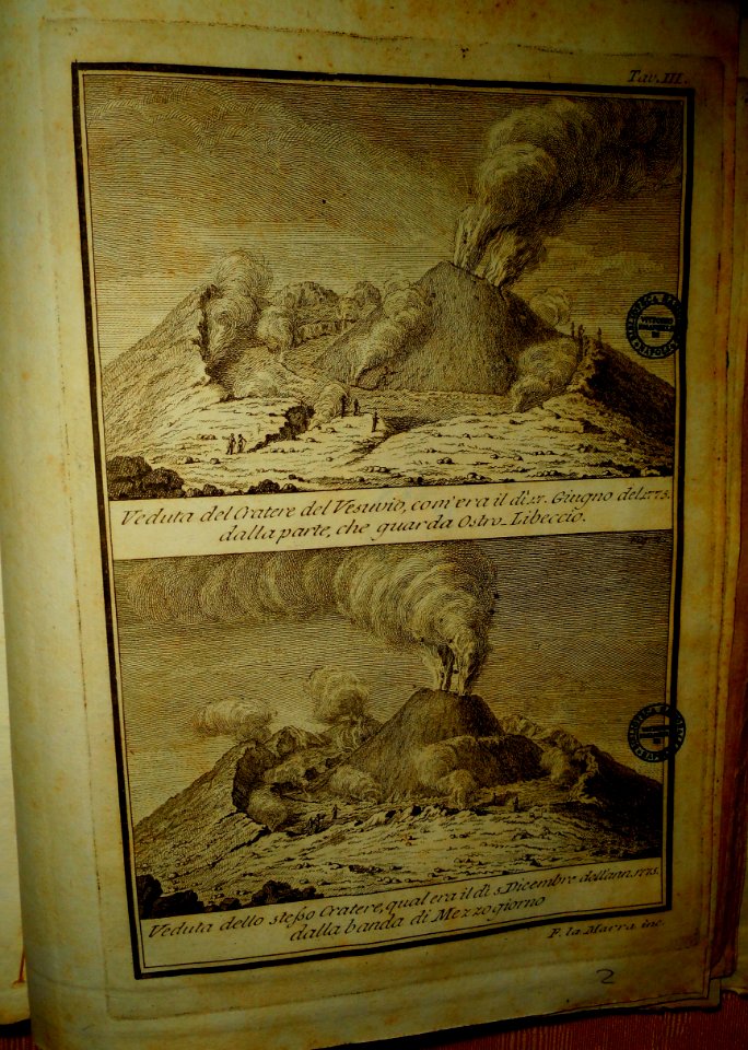 Vesuvius' eruption year 1775 - etching from the book Francesco La Marra, Ragionamento istorico dell'incendio del Monte Vesuvio, Naples 1776 - National Library of Naples (45390800702)