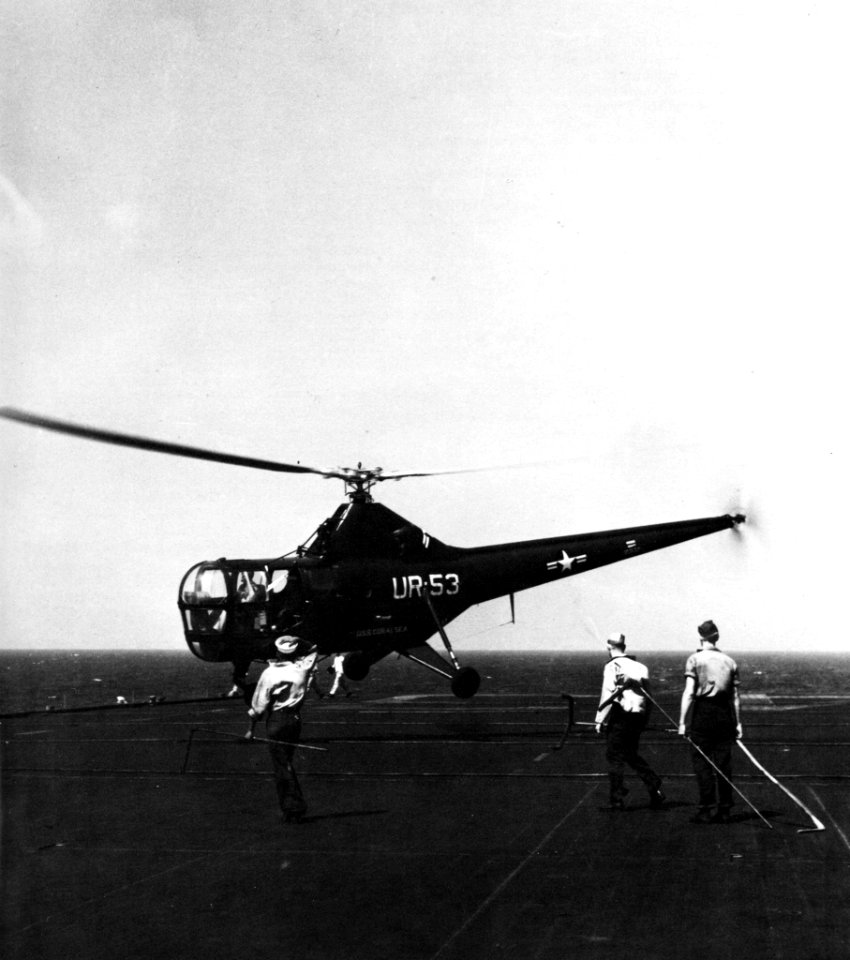 An H03S-1 lifts off from deck of USS Coral Sea CVB-43 May 6th 1949. (49213830917)