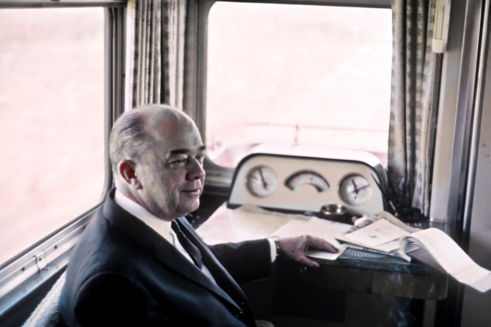 AT&SF President Earnest S. Marsh in his private car Santa Fe on the back of Train 19, the Chief east of Chillicothe, IL on October 7, 1966 (31473646341)