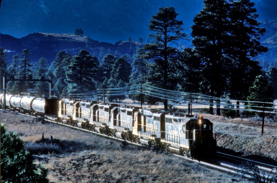 ATSF 3302 the signal bridge is near milepost 338 east of Flagstaff, AZ in March 1981 (7) (31303182400)