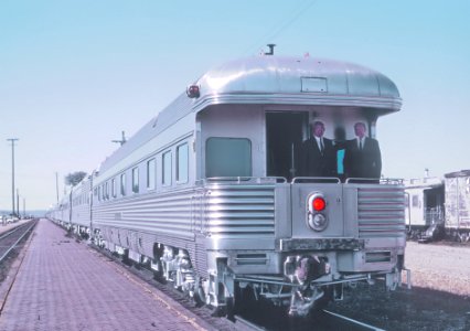 AT&SF President Earnest S. Marsh and General Manager, Eastern Lines L. M. Olsen on platform of private car Santa Fe on the back of Train 19, the Chief, pulling out of Chillicothe, Il on October 7, 1966 (30748194154)