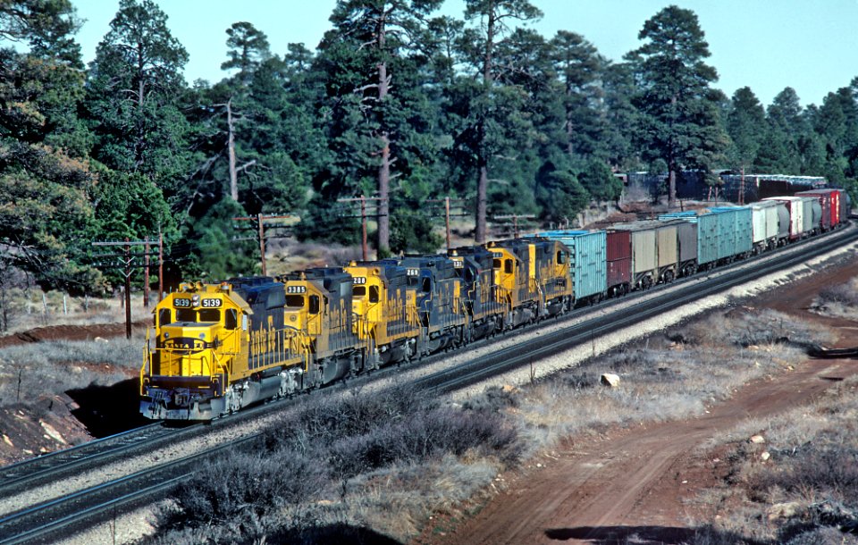 ATSF 5139 3385 a westbound east of Flagstaff in March 1981 (31566357802)