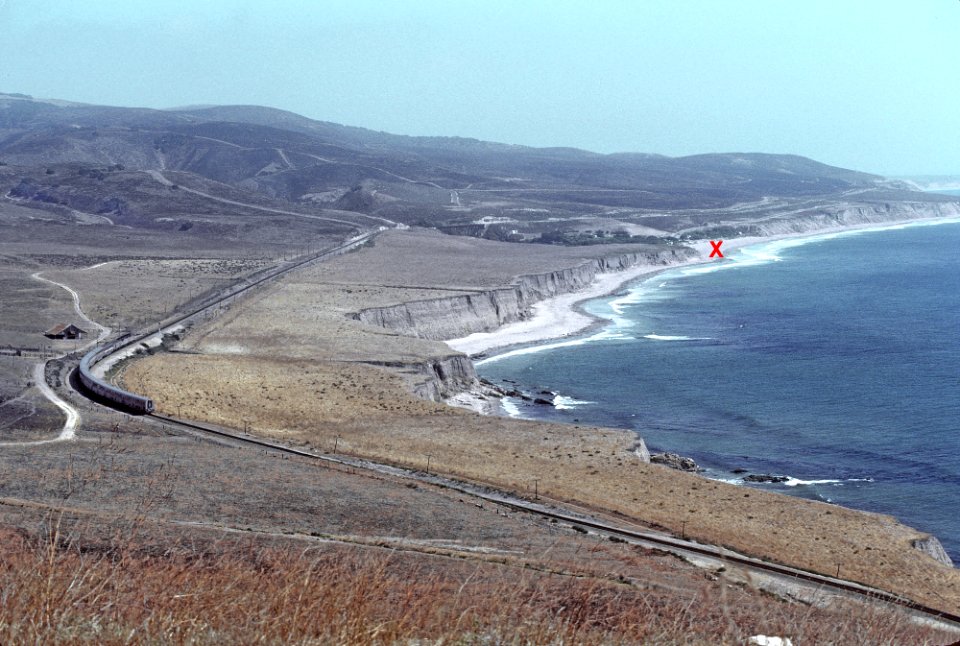 Atrak southbound Coast Starlight, Jalama Beach (the red X), Lompoc, CA in September 1981 -- 3 Photos (31894129136)
