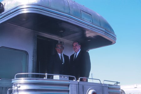 AT&SF President Earnest S. Marsh and General Manager, Eastern Lines L. M. Olson on platform of private car Santa Fe on the back of Train 19, the Chief, at Chillicothe, Il on October 7, 1966 (31443042912)