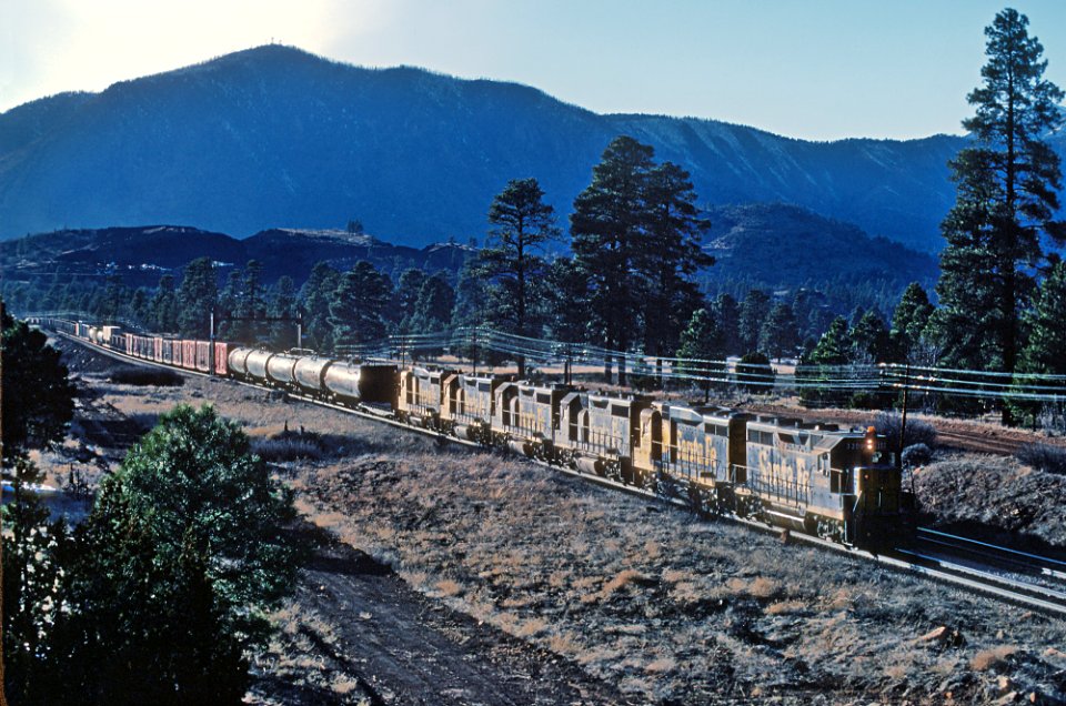 ATSF 3302 the signal bridge is near milepost 338 east of Flagstaff, AZ in March 1981 (6) (30834363314)