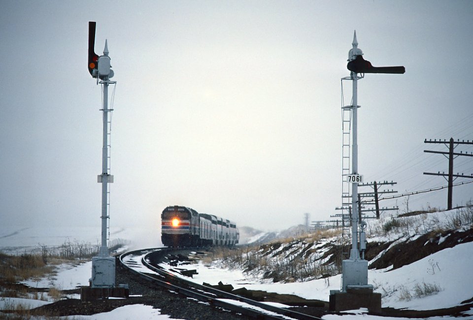 ATSF signal 7061 and Amtrak's Southwest Limited just west of Springer, New Mexico, near Colmor, April 1983 -- 4 Photos (35722709910)