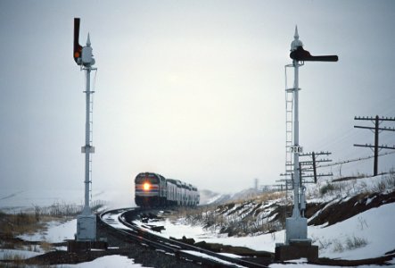 ATSF signal 7061 and Amtrak's Southwest Limited just west of Springer, New Mexico, near Colmor, April 1983 -- 4 Photos (35722709910)