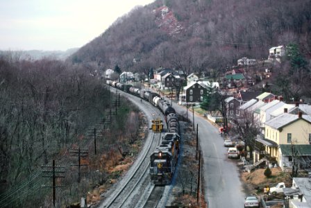 B&O GP38 4807 eastbound at Sandy Hook, MD in December 1980 (33844391416)