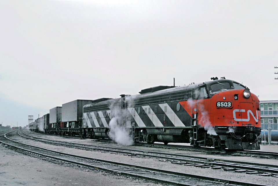 Canadian National FP9 6503 with Train 91 to Thompson, Man. at The Pas. Roger Puta shot these in October 1971 -- 2 Photos (35152334124)