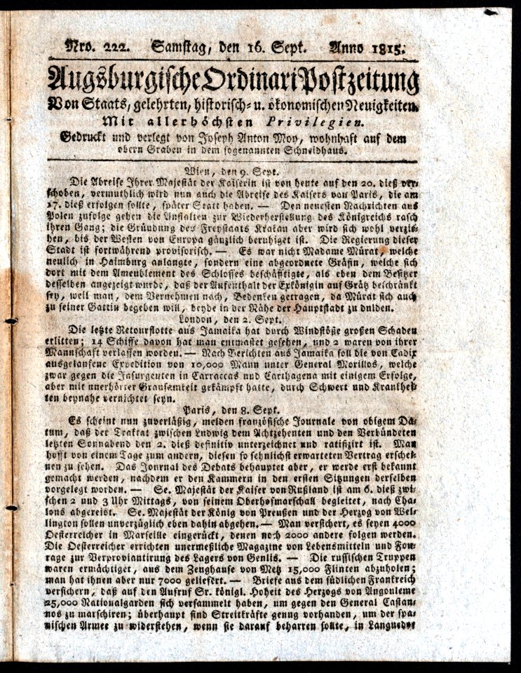 Nro. 222. Samstag, Den 16. Sept. Anno 1815. Page 1