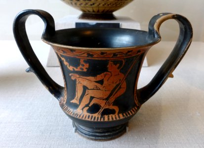 Nude male with spear, kantharos, Greek-Boetian, c. 430-420 BC, red-figure terracotta - Blanton Museum of Art - Austin, Texas - DSC07655 photo