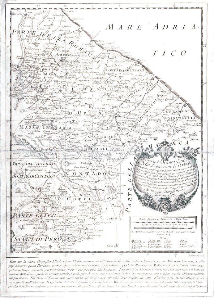 Nuova delineazione della Legazione di Urbino disegno di Cristoforo Maire, incisione di F. Polanzani. 1757