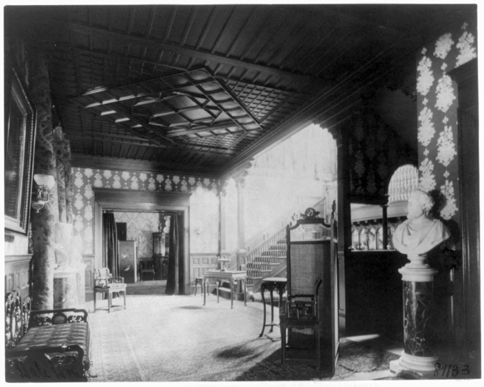 Ornate interiors of Chandler Hale house, 1001 16th St., N.W., Washington, D.C., showing piano, fireplaces, and china closet LCCN2001704525