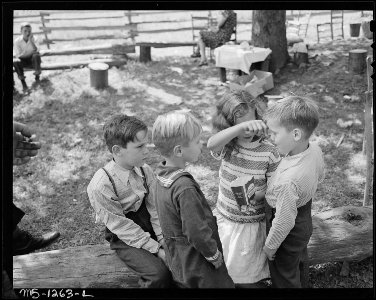 Orphaned children of a miner eat ice cream at England family reunion. Hensley Hollow, McDowell County, West Virginia. - NARA - 540762