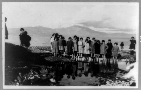 Orphans from the interior of Asia brought to Marathon in Greece by the Near East Relief looking in wonder at the mountains and the sea, as it is the first time they have seen either LCCN91786375
