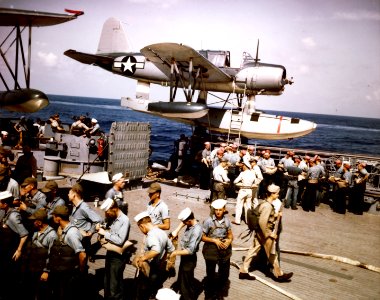 OS2N-1 on cat of USS Missouri (BB-63) in summer 1944