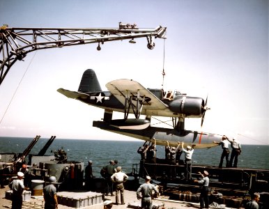 OS2N-1 is placed on catapult of USS Missouri (BB-63) in 1944