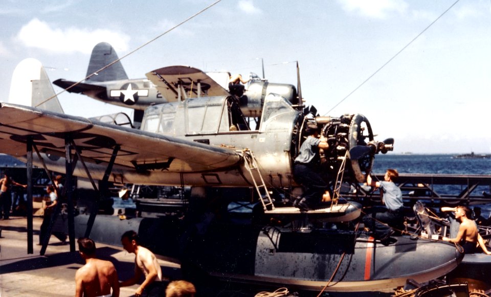 OS2U Kingfisher maintenance on USS South Dakota (BB-57) c1944