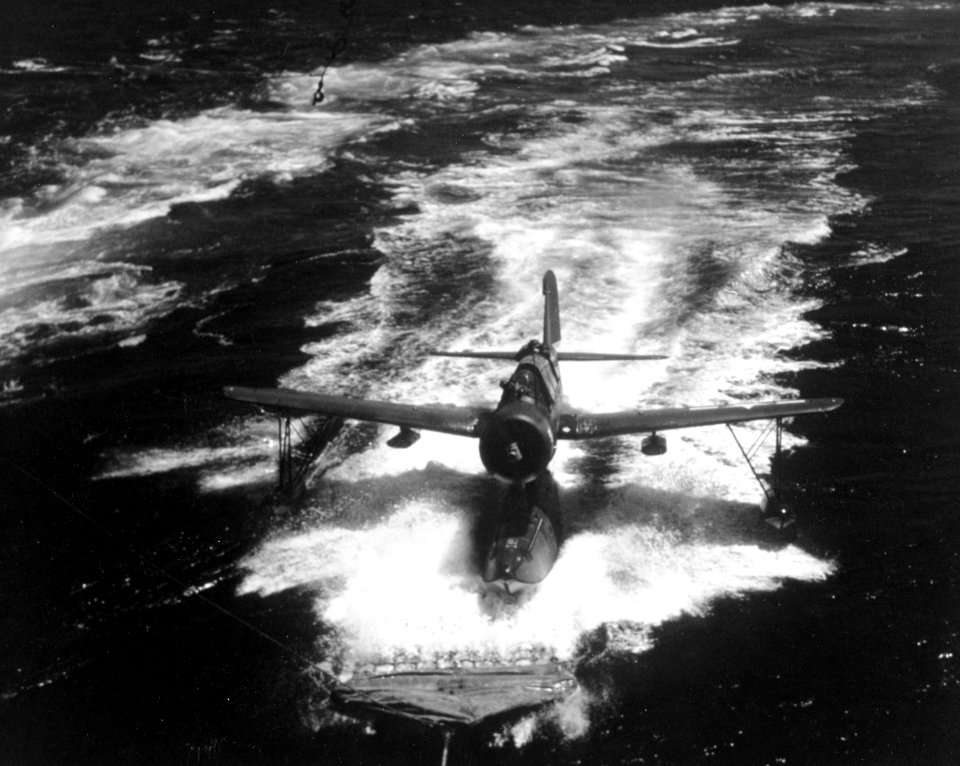 OS2U Kingfisher returns to USS Quincy (CA-71) c1944