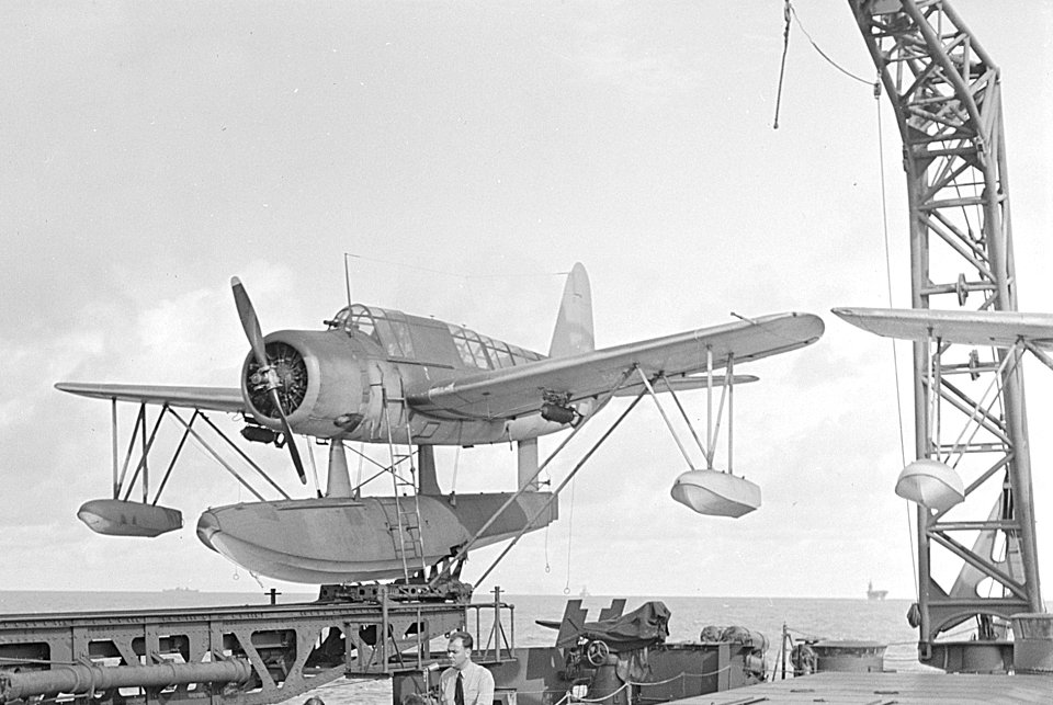 OS2U on cat of USS Mobile (CL-63) 1943
