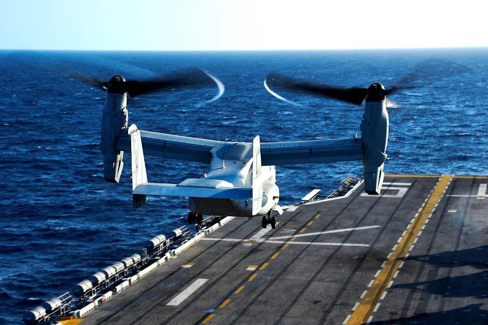 Osprey takes off aboard USS Peleliu 141024-N-NZ935-057