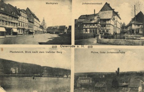Osterode a. Harz, Niedersachsen - Marktplatz; Johannisvorstadt; Pferdeteich, Blick nach dem Uehrder Berg (Zeno Ansichtskarten)