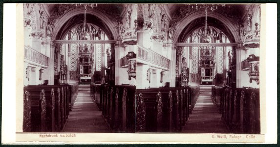 Otto Wolff Stereoskopie, Celle, Stadtkirche Ostseite 1912, Bildseite Blick in Richtung Altar und Fürstengruft, Kopie