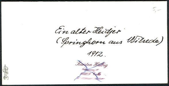 Otto Wolff Stereoskopie, Lüneburger Heide, Ein alter Heidjer (Springhorn aus Wilsede) 1912, Rückseite Kopie, Adresse aus Datenschutzgründen elektronisch verwischt