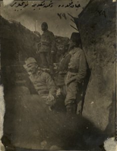 Ottoman infantryman keeping watch over enemy from trench