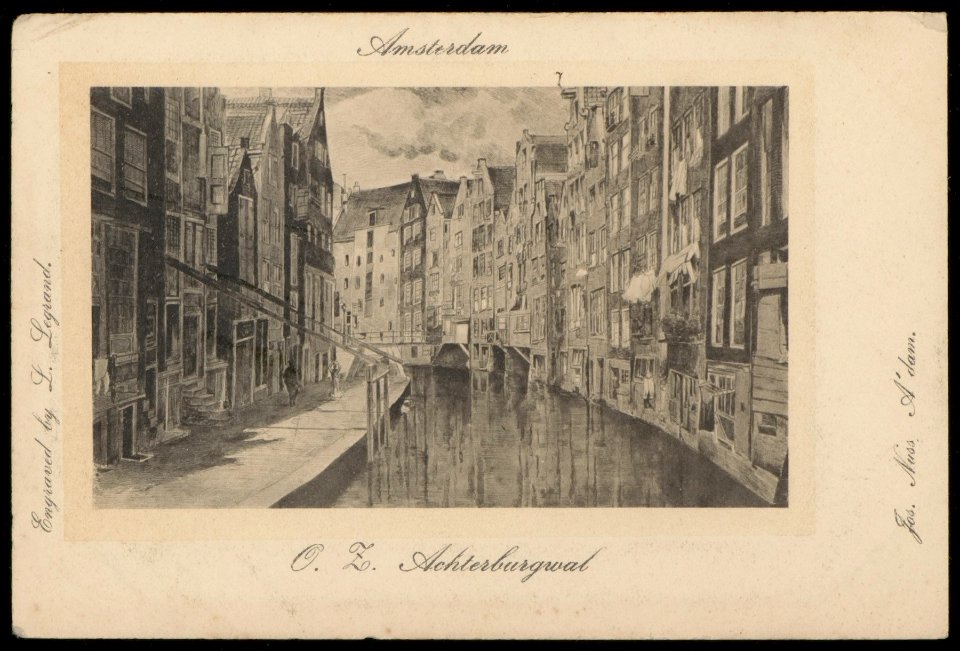 Oudezijds Achterburgwal met rechts de achterzijde van de Zeedijk. Uitgave Jos Nuss, Amsterdam. Graveur L. Legrand, Afb PBKD00307000002
