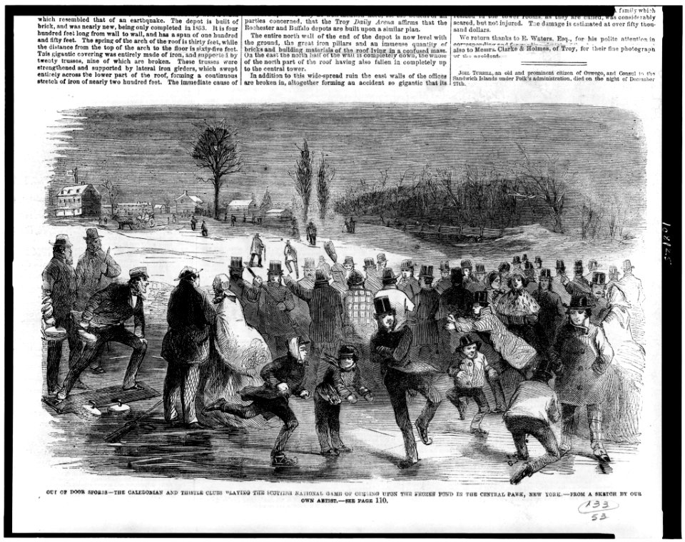 Out of door sports - the Caledonian and Thistle clubs playing the Scottish national game of curling upon the frozen pond in the Central Park, New York - from a sketch by our own artist. LCCN93508462