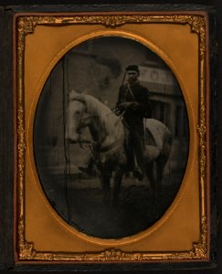 Outdoor scene, mounted cavalry soldier seated on horse LCCN2002719398