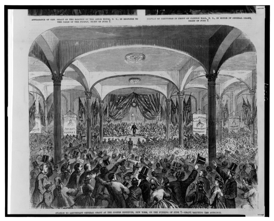 Ovation to Lieutenant General Grant at the Cooper Institute, New York, on the evening of June 7 - Grant saluting the audience LCCN2001695557