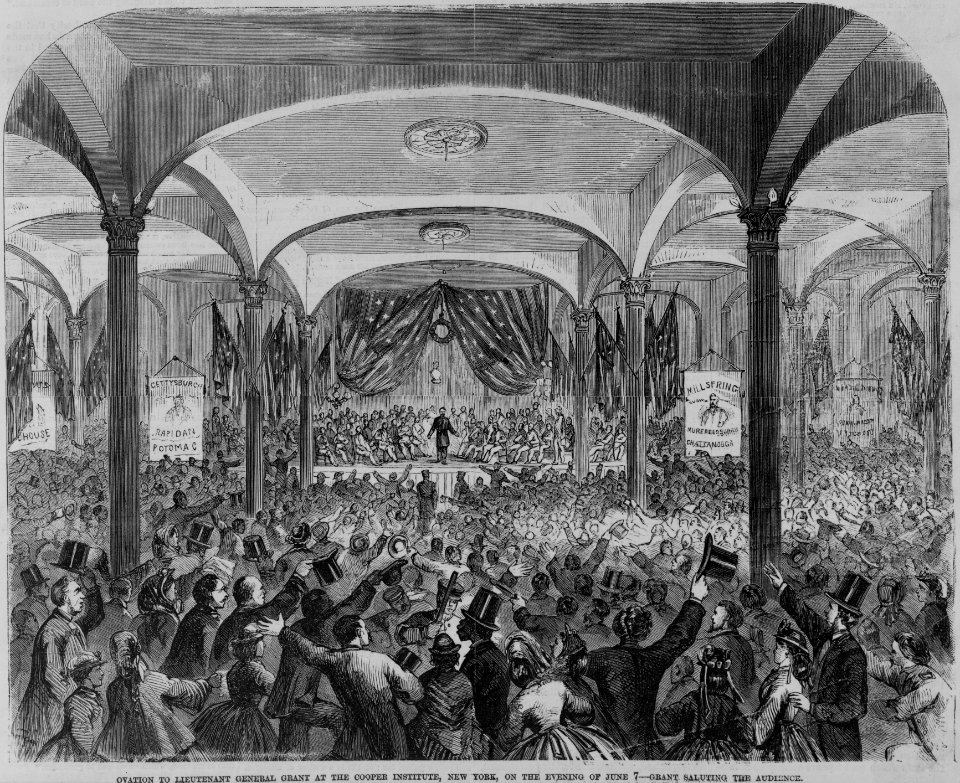 Ovation to Lieutenant General Grant at the Cooper Institute, New York, on the evening of June 7 - Grant saluting the audience LCCN2001695557