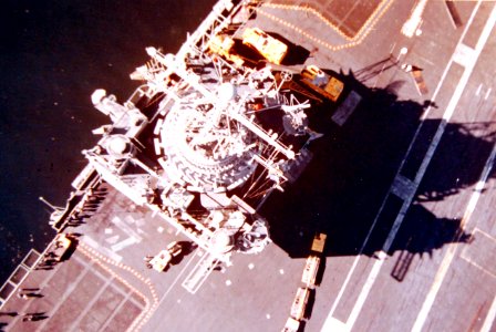 Overhead view of the island of USS Enterprise (CVN-65) on 23 January 1976 (428-GX-K-112736)