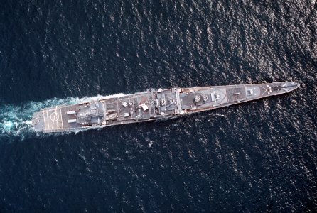 Overhead view of USS Long Beach (CGN-9), circa 1990