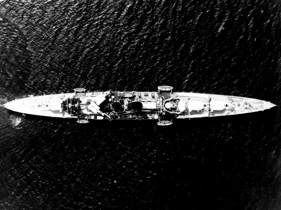 Overhead view of HMS Exeter (68) in the Panama Canal Zone in the 1930s