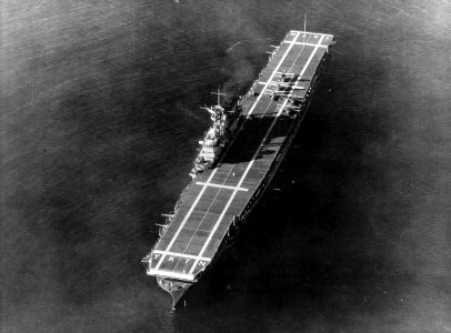 Overhead view of USS Yorktown (CV-5) in the Caribbean Sea on 17 January 1938