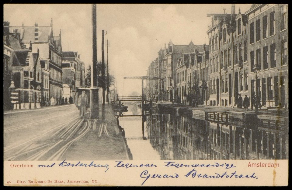 Overtoom met Kosterbrug tegenover de tegenwoordige Gerard Brandtstraat. Uitgave Buurman-de Haas, Amsterdam, Afb PBKD00031000008