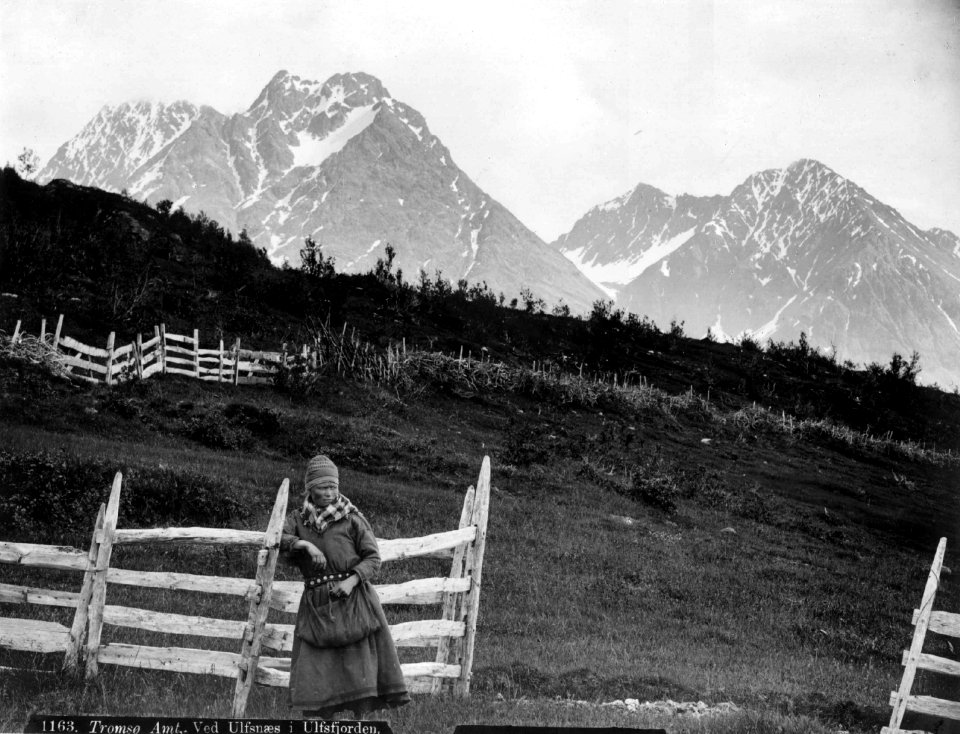 Oversiktsbilde fra Ullsnes med en svensk samejente ved et gjerde. Karlsøy 1888 - Norsk folkemuseum - NF.06789-008