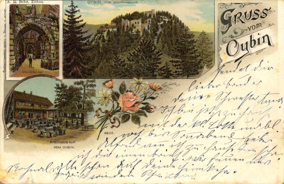 Oybin, Sachsen - Stadtansicht vom Schuppenberge; Kreuzgang; Gasthaus auf dem Oybin (Zeno Ansichtskarten)