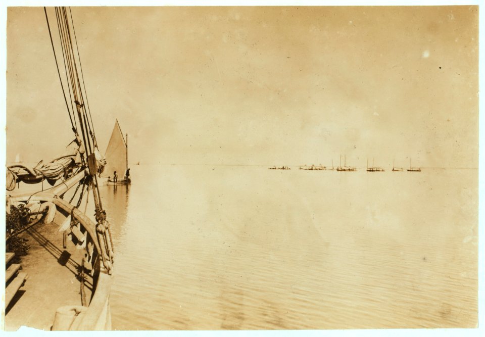 Oyster barge approaching oyster fleet fishing on the reef. LOC nclc.04685