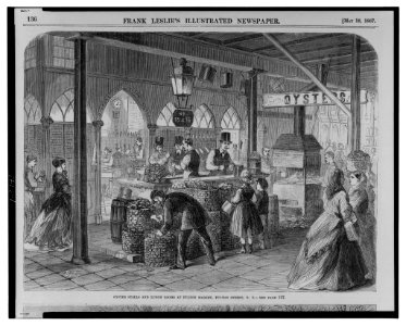 Oyster stalls and lunch rooms at Fulton Market, Fulton Street, N.Y. - Bghs. LCCN2001696865