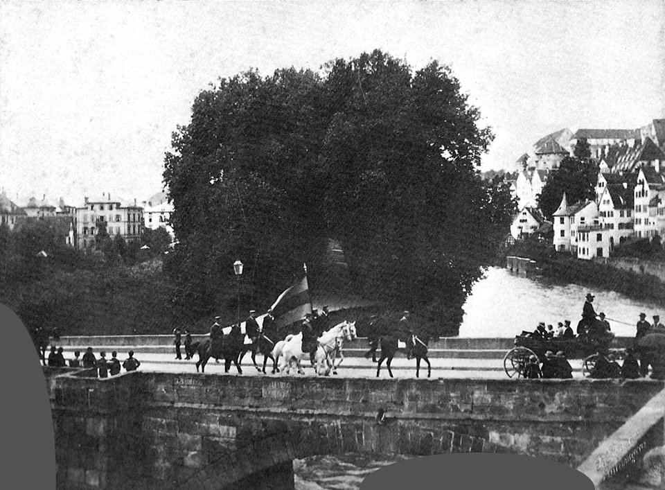 P Sinner - Studentenausritt auf Neckarbrücke 1870er (AaS.U4)