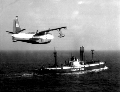 P5M-1 VP-46 over Calmar Line freighter 1950s photo